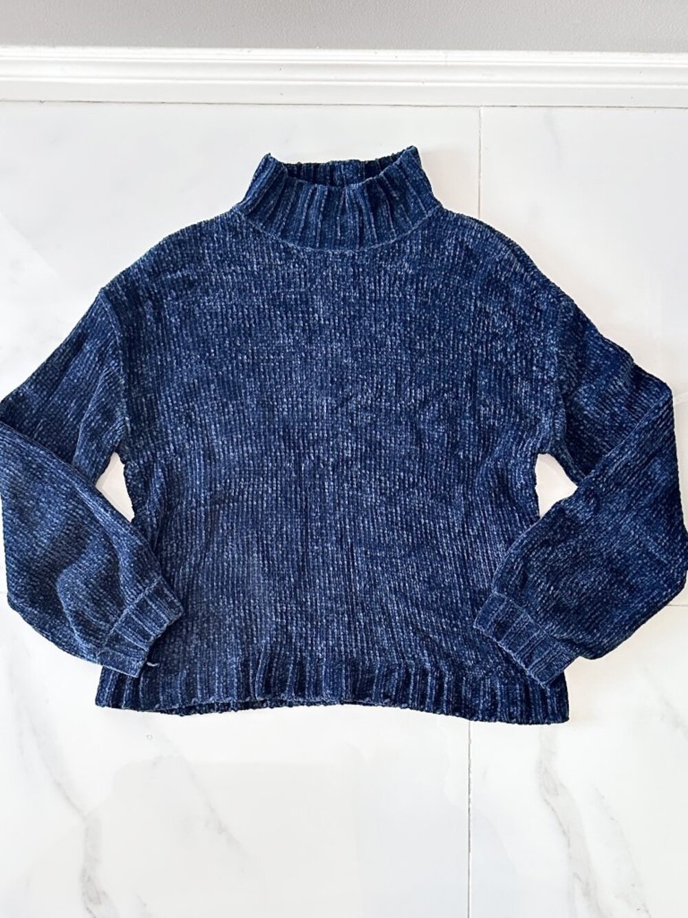 Early 2000s PIPER Navy Blue Mock Neck Chunky Chenille Sweater Soft Long Sleeve